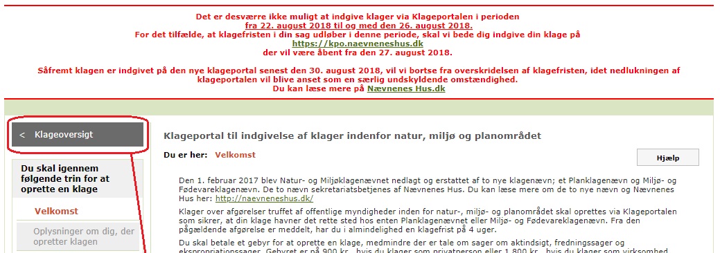 Screen dump fra den gamle klageportal, hvor knappen "Klageoversigt" er markeret med en rød cirkel